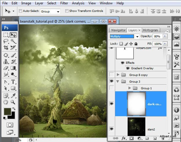 Fairy night. Beanstalk.Green, Beanstalk, theme, Green, fairy, tale, illustration, mystery, night, moon